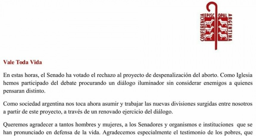 Declaración de la Comisión Ejecutiva: VALE TODA VIDA