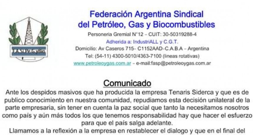 Comunicado de la  Federaci&oacute;n Argentina Sindical de Petr&oacute;leo, Gas y Biocombustibles
