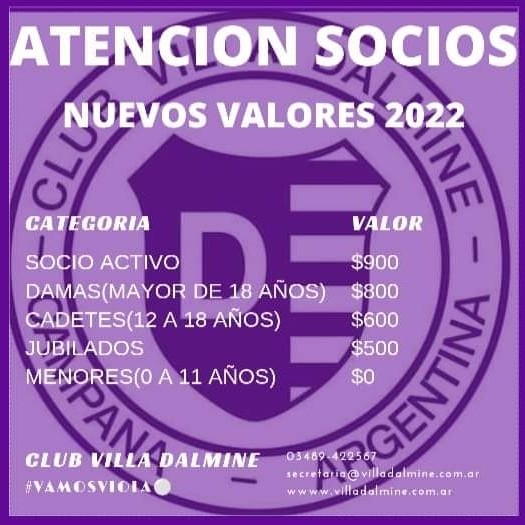 La Comisión Directiva del Club Villa Dálmine anuncia el costo de cuotas