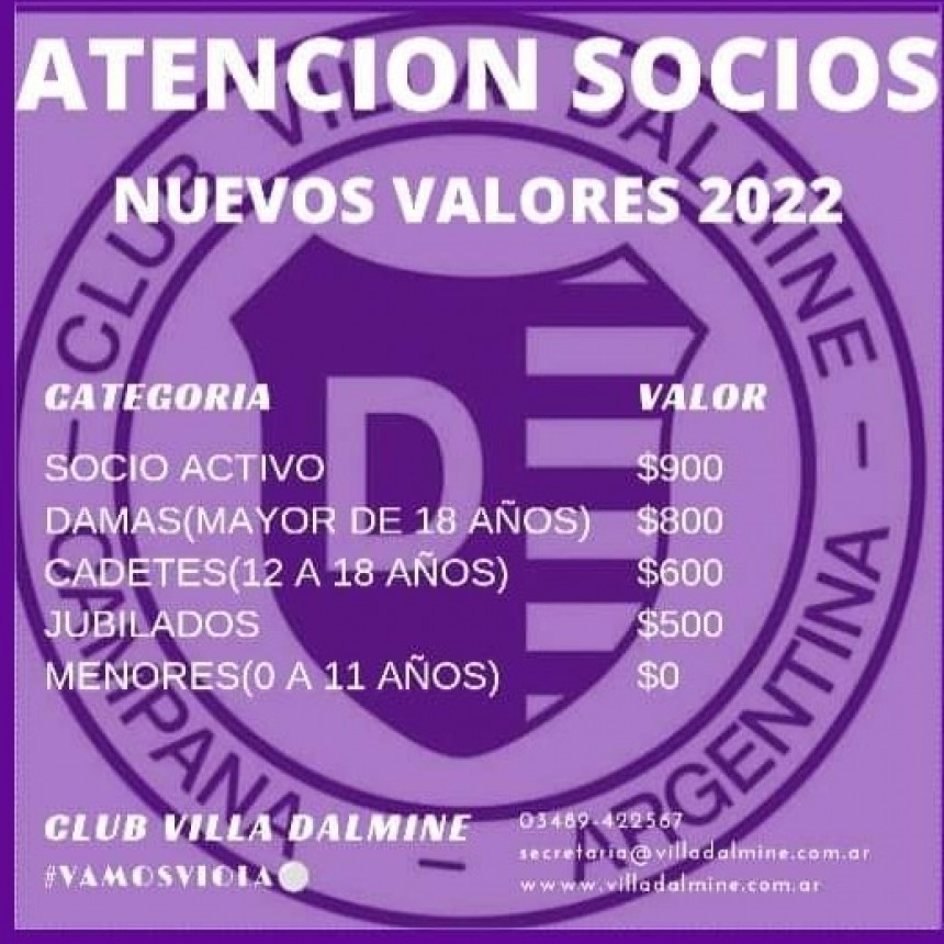 La Comisión Directiva del Club Villa Dálmine anuncia el costo de cuotas