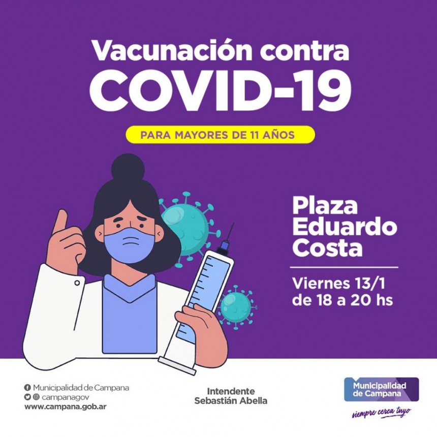 Hoy Vacunación contra el Covid-19: la Secretaría de Salud realizará un operativo en la Plaza Eduardo Costa   