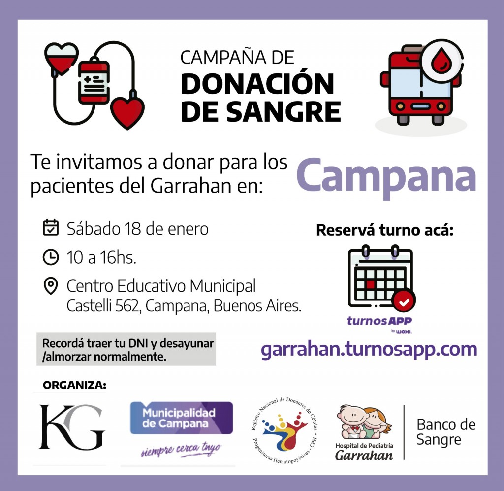 Invitan a participar de una nueva jornada de donación de sangre para el hospital Garrahan