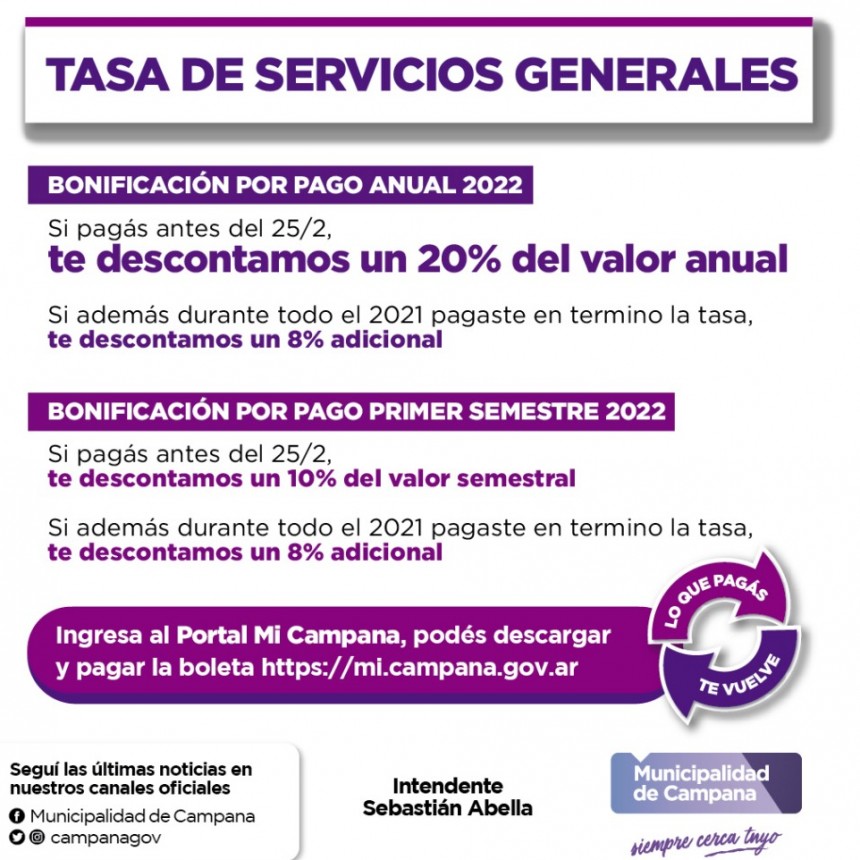 Bonificarán a los contribuyentes que paguen de forma anticipada las tasas de Servicios Generales