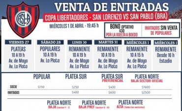SAN LORENZO DE ALMAGRO vs SAN PABLO: Se recomienda sacar la entrada anticipada