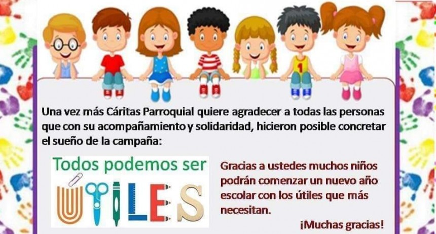 C&aacute;ritas Parroquia Nuestra Se&ntilde;ora de Luj&aacute;n y de los Santos Ap&oacute;stoles Pedro y Pablo, Campana, agradece a todos los que colaboraron con la Campa&ntilde;a de &Uacute;tiles