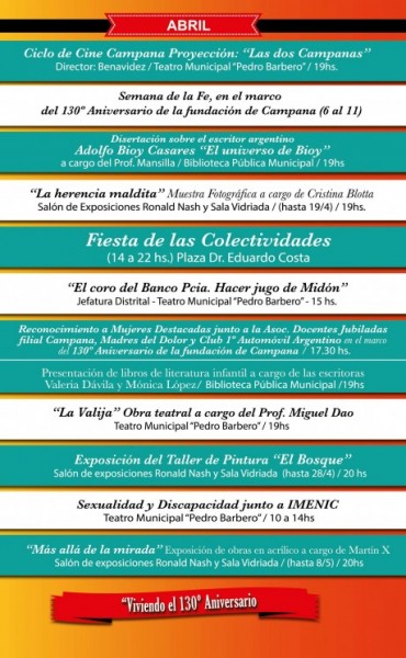 &ldquo;Viviendo el 130&deg; Aniversario&rdquo;, el Municipio desarrolla la Agenda Cultural del Mes de Abril
