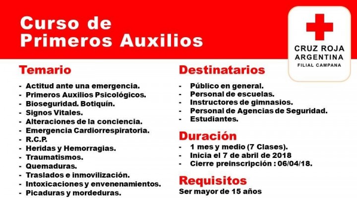 &Uacute;LTIMOS D&Iacute;AS DE INSCRIPCI&Oacute;N PARA EL CURSO DE PRIMEROS AUXILIOS