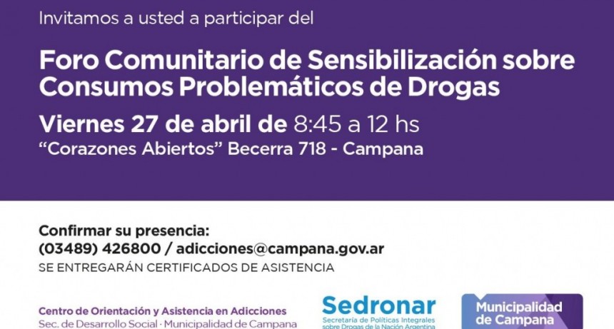 Se realizar&aacute; un foro de sensibilizaci&oacute;n sobre consumos problem&aacute;ticos de drogas