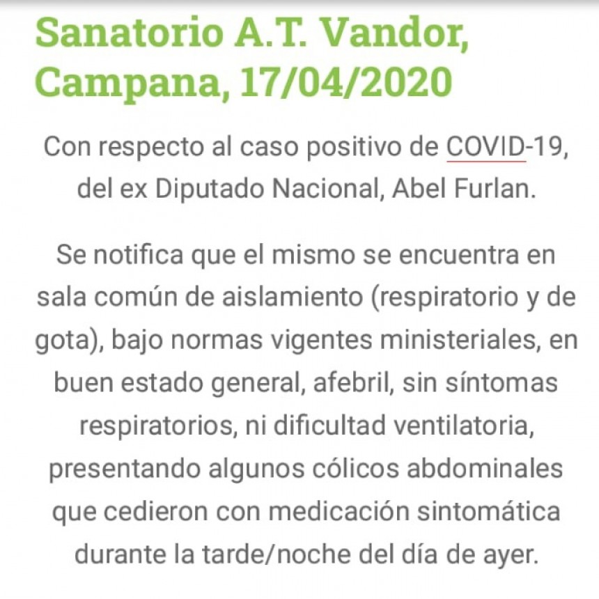 Comunicado del Sanatorio Augusto T. Vandor sobre la salud de Abel Furl&aacute;n