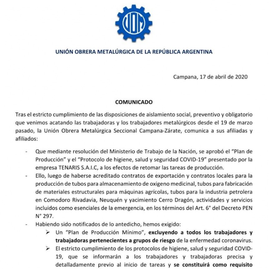 Comunicado de la U.O.M  Campana-Z&aacute;rate