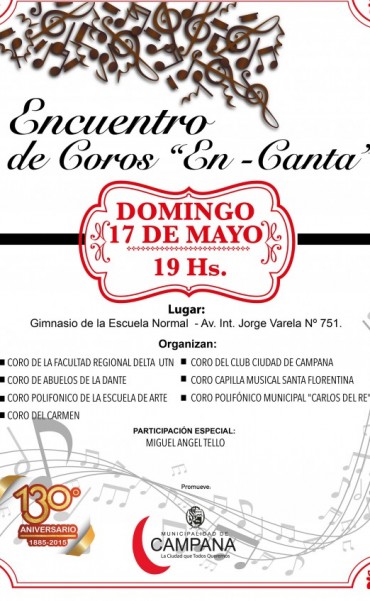 EL DOMINGO 17 DE MAYO A LAS 19 HS. SE LLEVAR&Aacute; A CABO UN MEGA ENCUENTRO CORAL