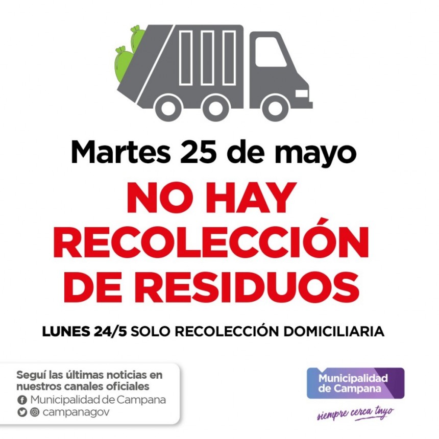  Este martes 25 no habrá recolección de residuos