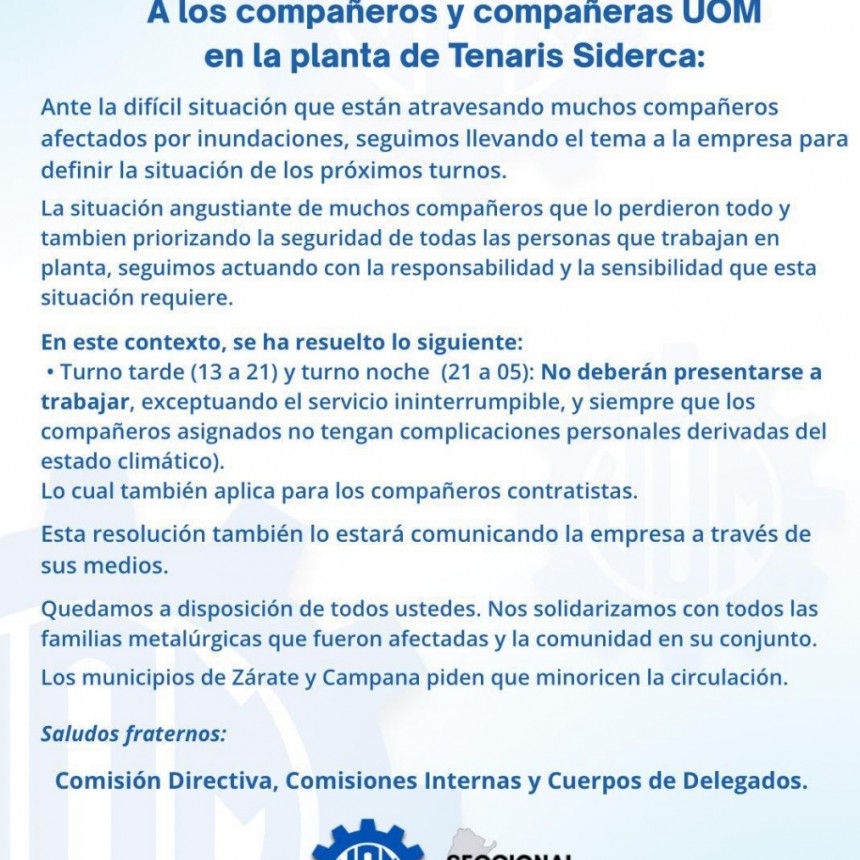Comunicado de la U.O.M Seccional Campana-Zárate