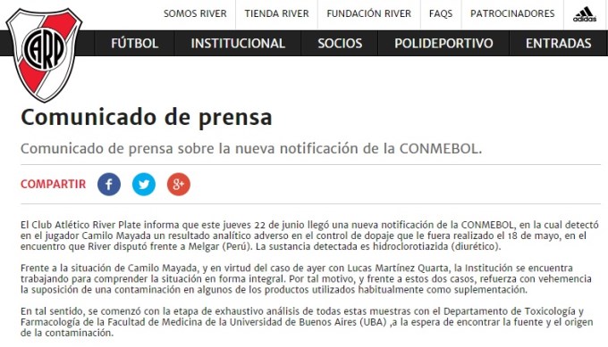 River sac&oacute; un comunicado por el esc&aacute;ndalo del doping