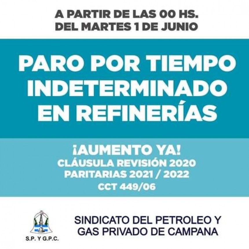 PARO EN REFINERÍAS POR CLÁUSULA DE REVISIÓN 2020 Y PARITARIA 2021/2022
