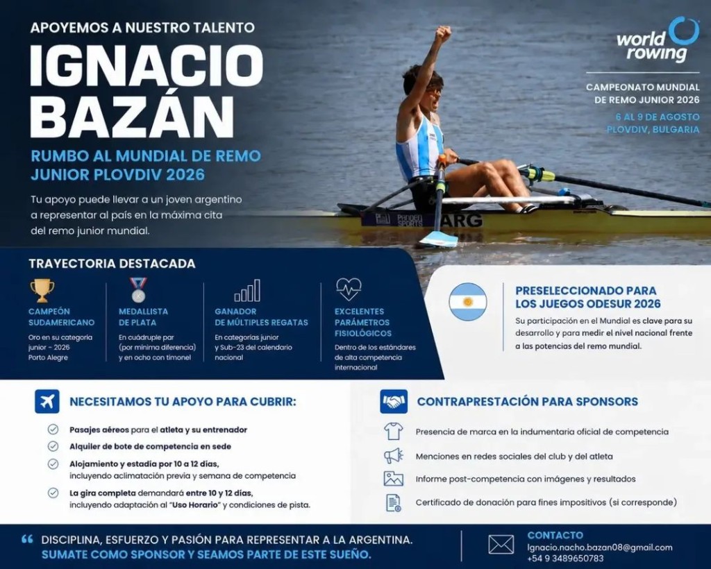 Ignacio Baz&aacute;n busca llegar al Mundial Junior de remo en Bulgaria