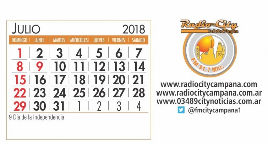 Calendario Mes de Julio de 2018