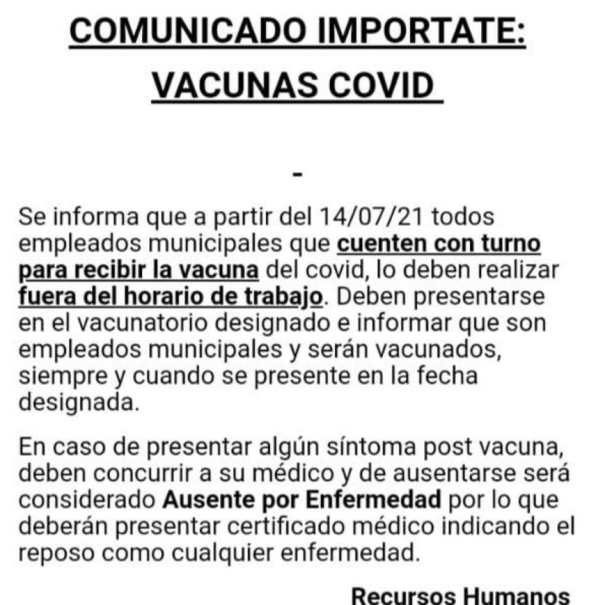 El Municipio intenta regular el derecho a vacunarse de los Trabajadores