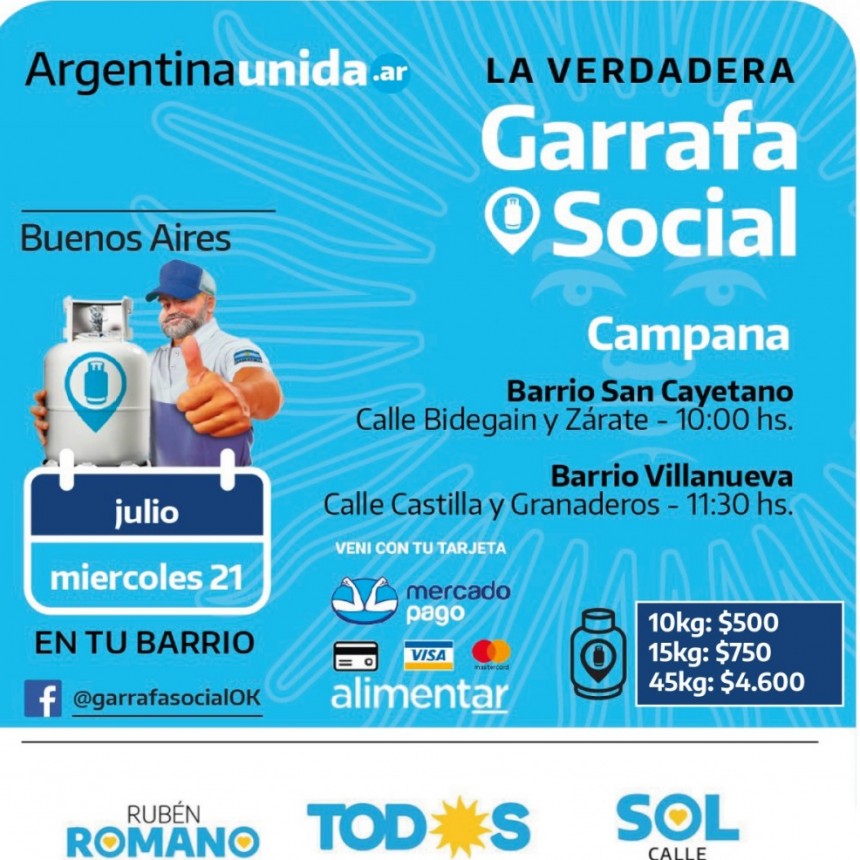 Se reprogramó para el miércoles la venta  de Garrafas Sociales en los barrios