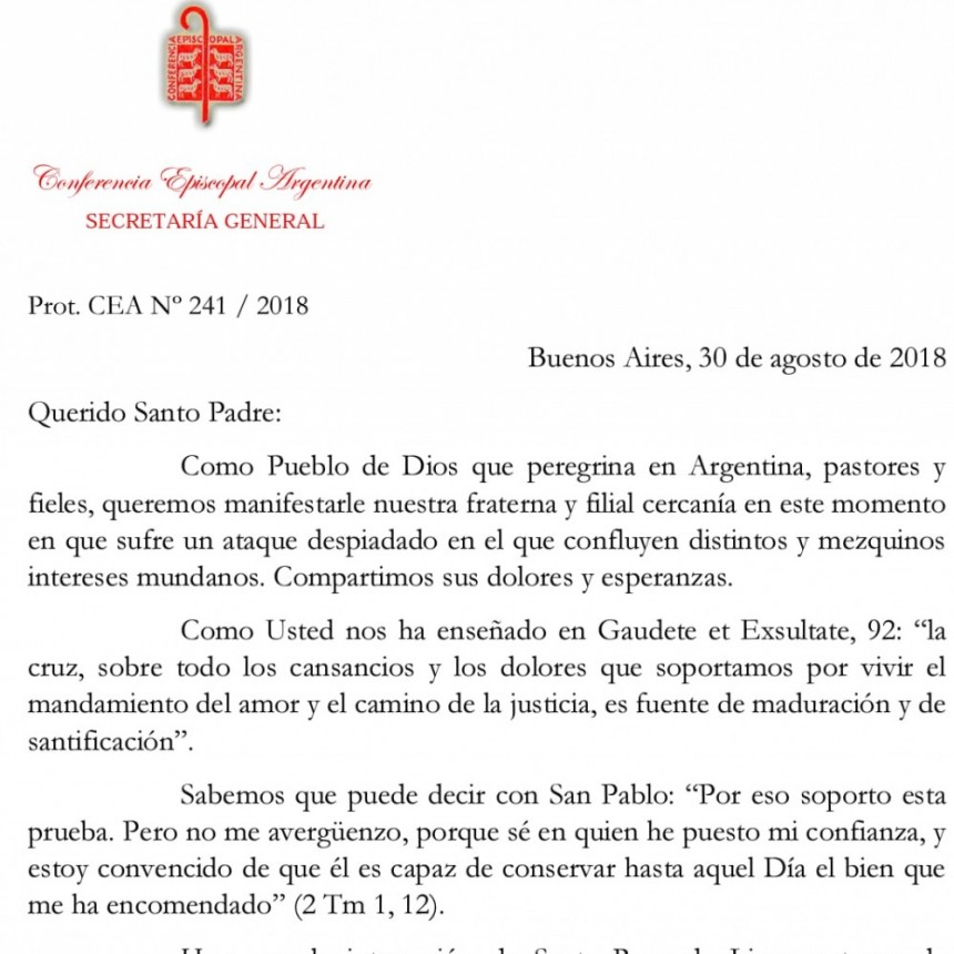 Carta en texto y de la Comisi&oacute;n Ejecutiva de la Conferencia Episcopal Argentina dirigida al Papa Francisco