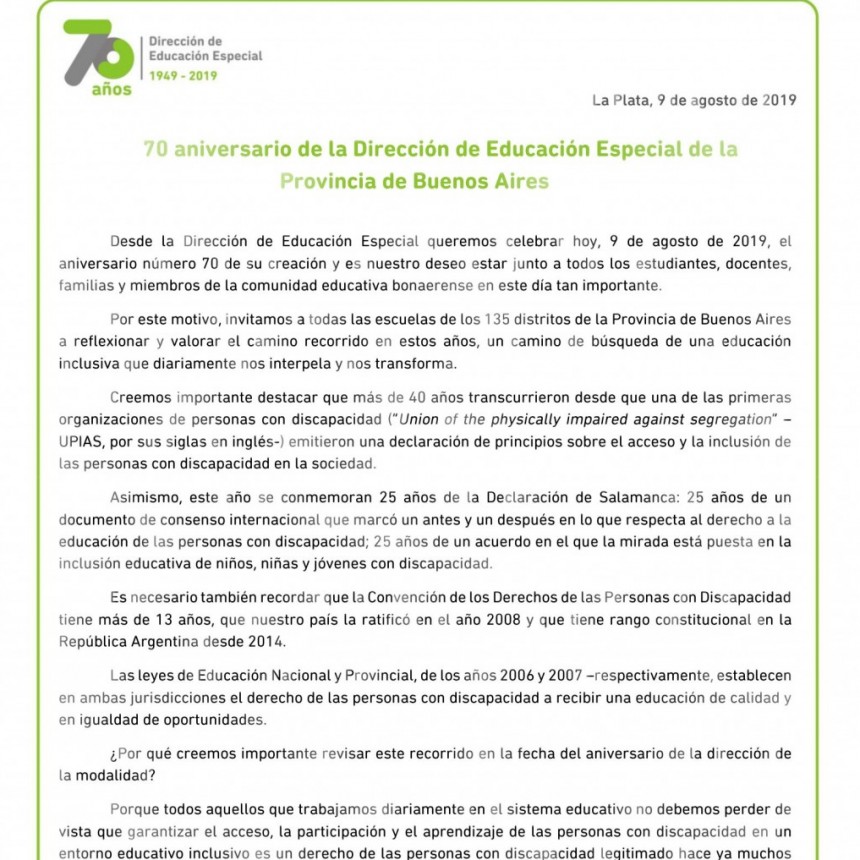 70&ordm; Aniversario de la Educaci&oacute;n Especial de la Provincia de Buenos Aires