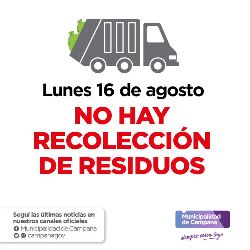 Por el feriado, este lunes no habrá recolección de residuos   