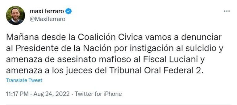 La Coalición Cívica denunciará a Alberto Fernández por instigación al suicidio y amenazas contra el fiscal Diego Luciani