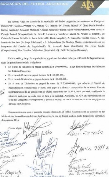La A.F.A inform� que fue depositado el dinero correspondiente al Mes de Setiembre