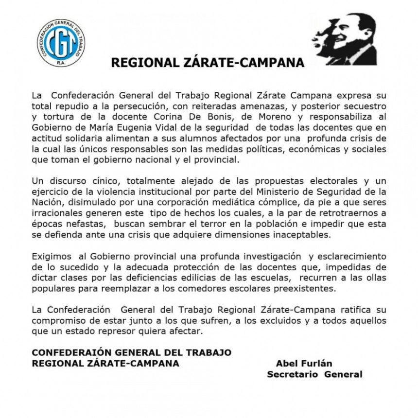 Con referencia a lo acontecido con la docente de Moreno la CGT Regional Z?&nbsp;rate-Campana emiti� un comunicado