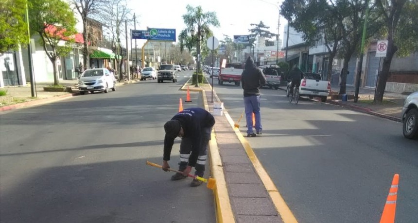 Realizan trabajos de pinturas para la señalización horizontal en la vía pública 