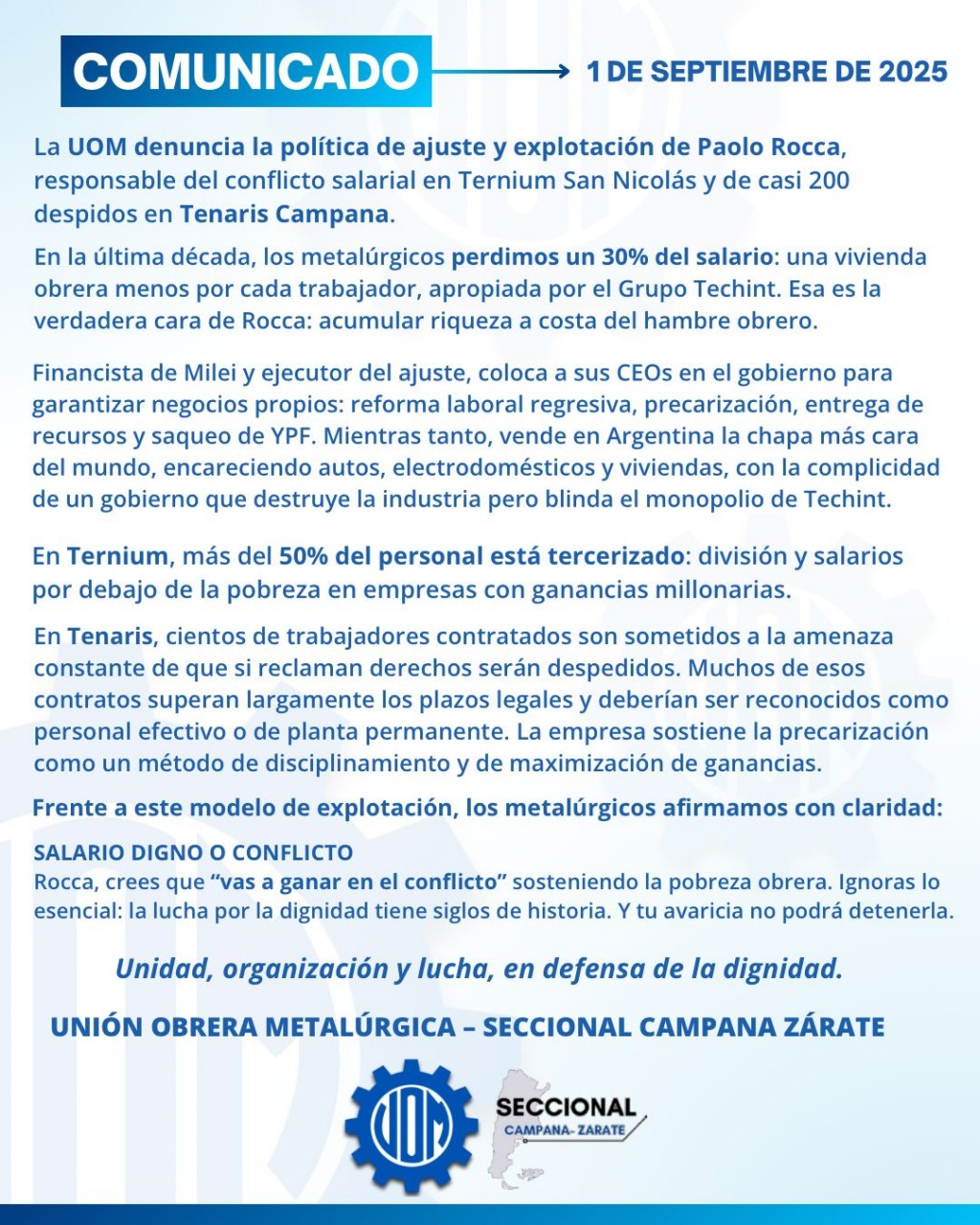 Comunicado de la U.O.M Seccional Campana-Zárate