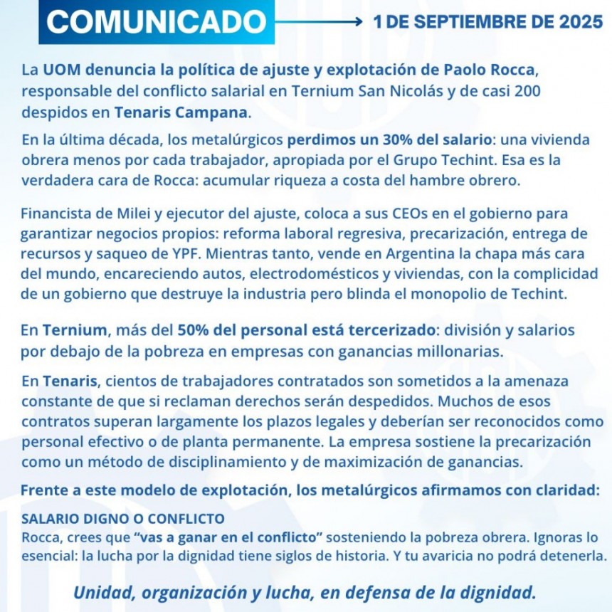Comunicado de la U.O.M Seccional Campana-Zárate