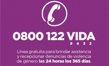 Est&aacute; disponible el 0800 122 VIDA para asistir a las v&iacute;ctimas de violencia de g&eacute;nero 