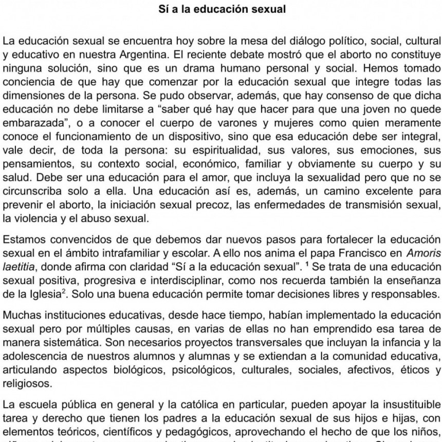 Sí a la educación sexual 3 de octubre de 2018 Comisión Episcopal de Educación Católica Comisión Episcopal de Laicos y Familia Conferencia Episcopal Argentina