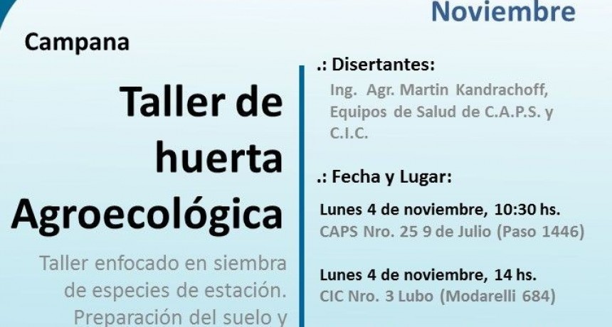 En noviembre se realizar&aacute;n talleres de huerta Agroecol&oacute;gica 