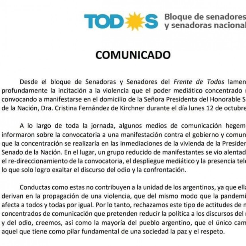 Comunicado Bloque de Senadores y Senadoras Frente de Todos