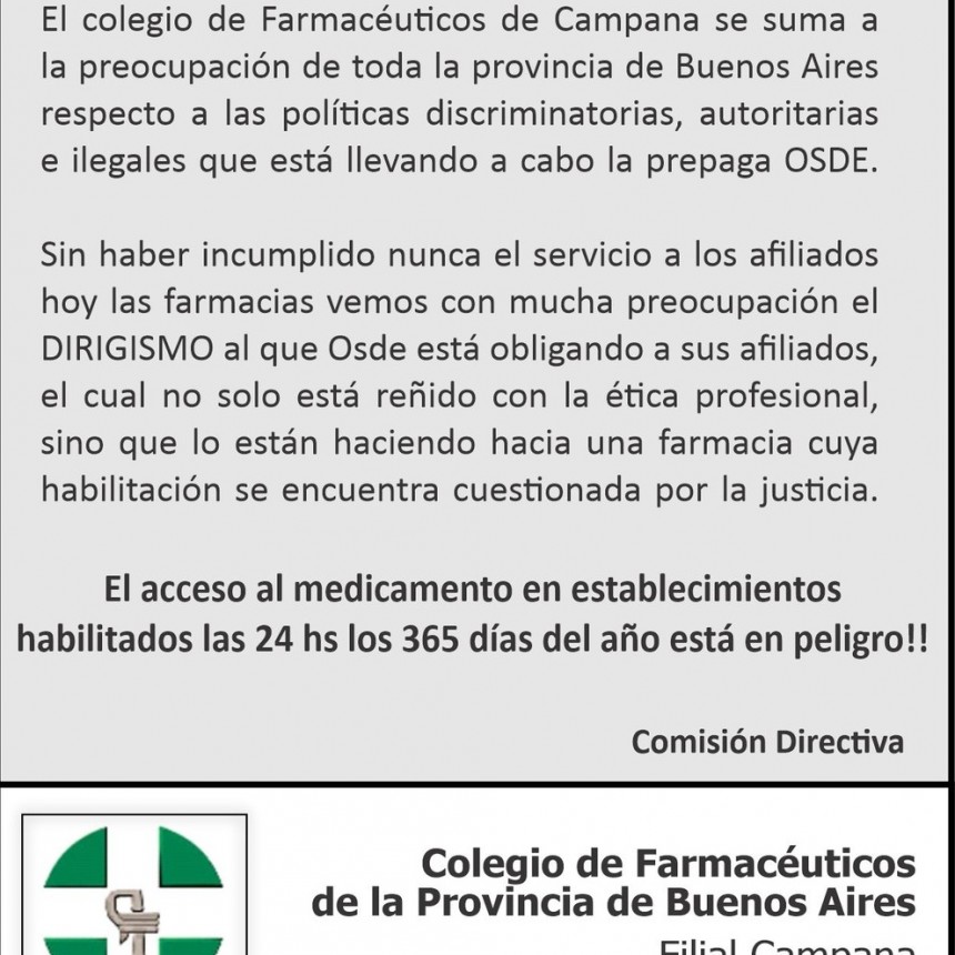 El Colegio de Farmacéuticos de Campana emitió un comunicado