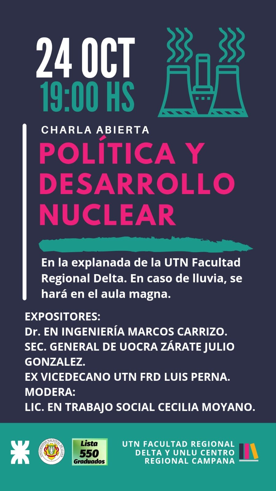 Jornada de visibilización CHARLA ABIERTA “POLITICA Y DESARROLLO NUCLEAR” EN LA EXPLANADA DE LA UTN FACULTAD REGIONAL DELTA