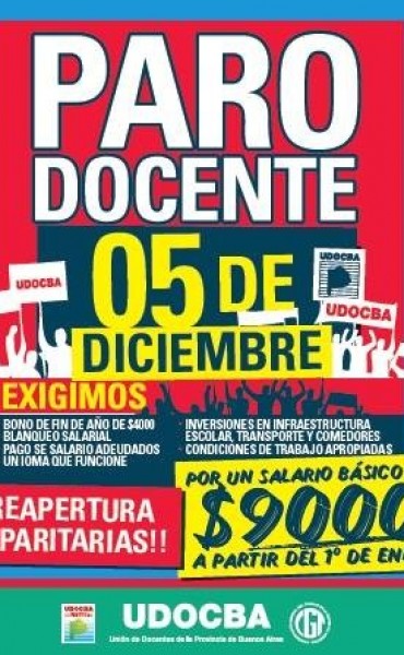 UDOCBA CONVOCA AL PARO EL 5 DE DICIEMBRE EN DEMANDA DE $9.000 DE B�SICO DOCENTE                                