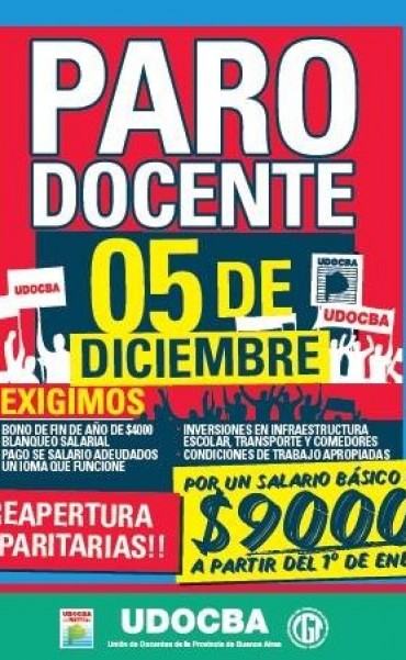 UDOCBA CONVOCA AL PARO EL 5 DE DICIEMBRE EN DEMANDA DE $9.000 DE B&Aacute;SICO DOCENTE 