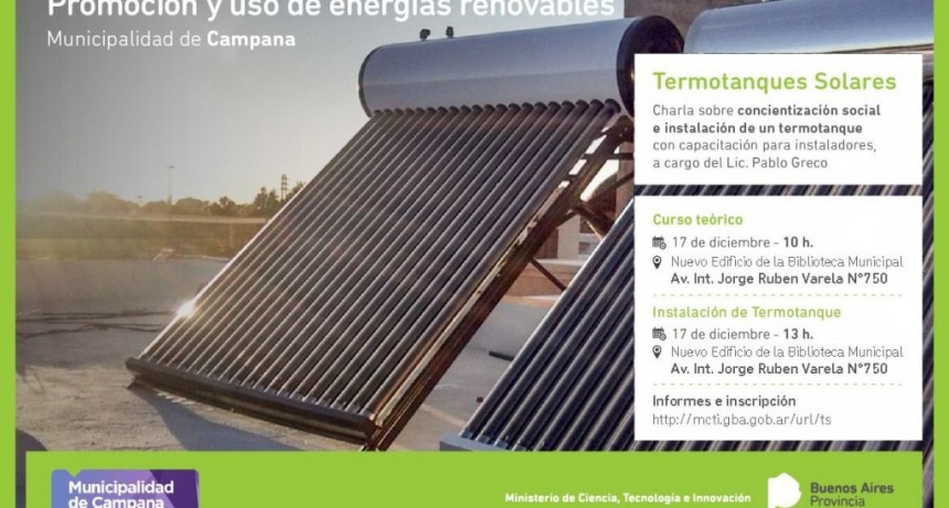 Se realizará una capacitación gratuita sobre termotanques solares