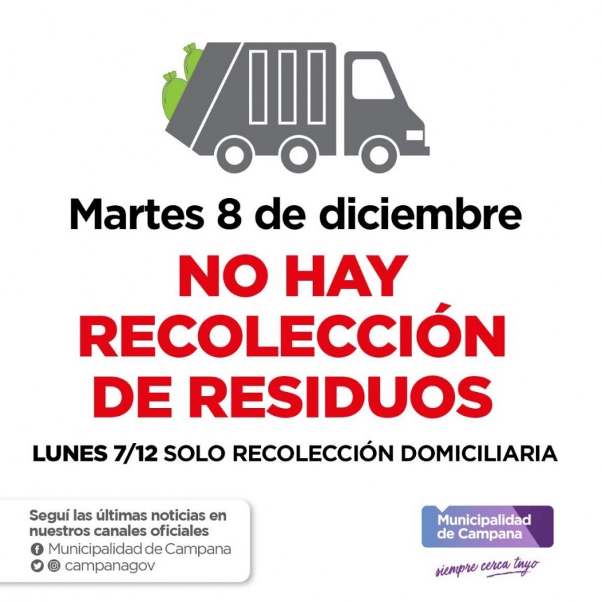 Cambios en la recolección de residuos por los feriados del 7 y 8 de diciembre