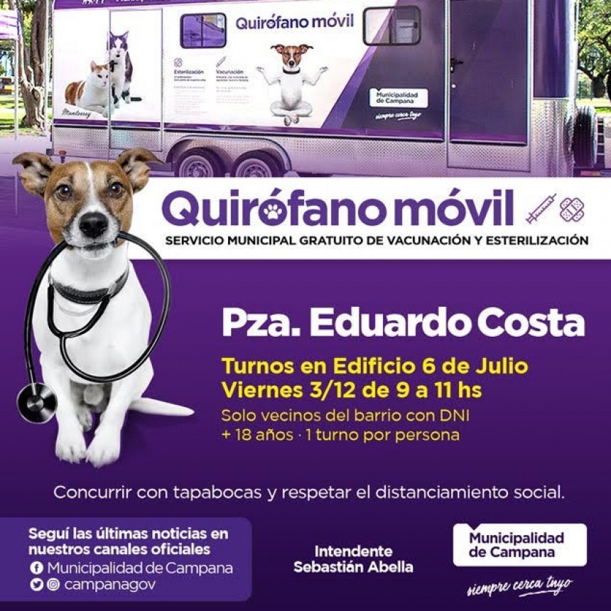 Castraciones gratuitas: el quirófano móvil estará en la Plaza Eduardo Costa