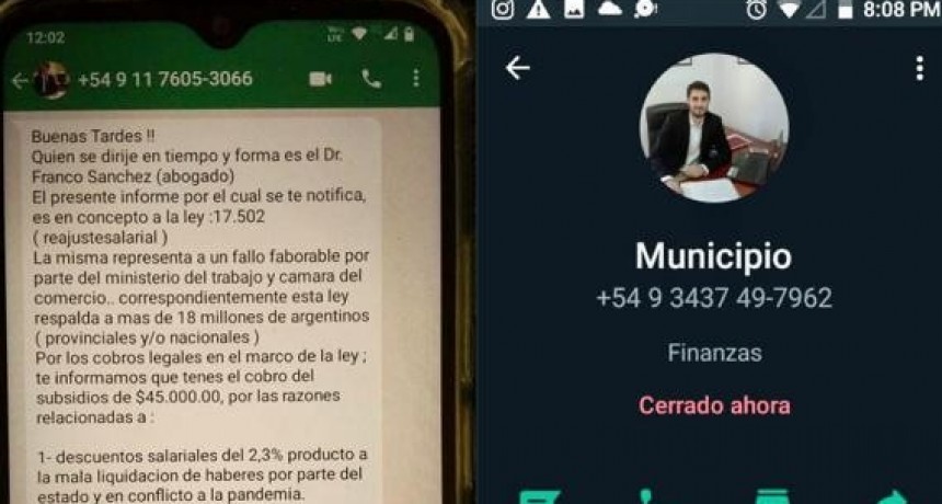  El Municipio ya realizó la denuncia a la Justicia por los engaños a través de whatsapp en su nombre
