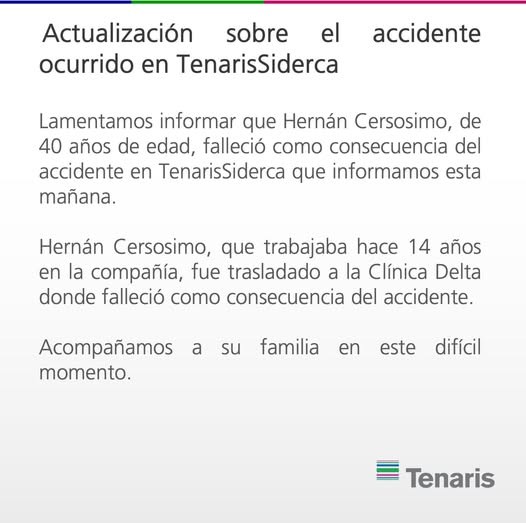 Comunicado de Tenaris sobre accidente producido